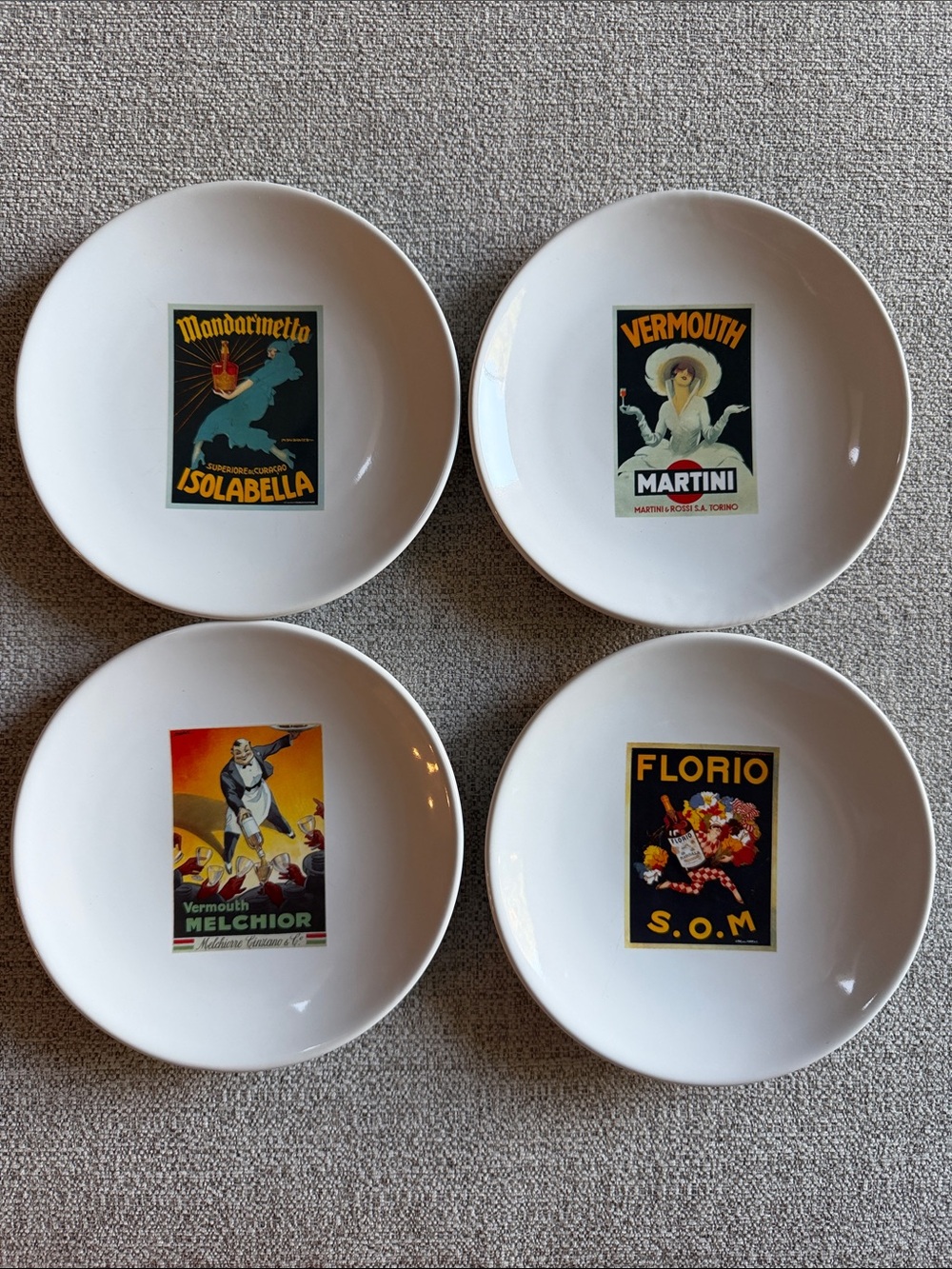 POTTERY BARN Vintage Martini Cocktail Poster Plates Set of 4. 8” plates